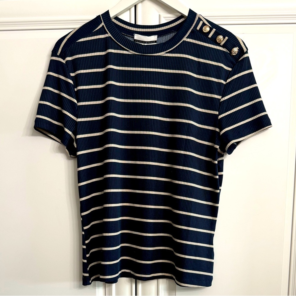 Jules & Leopold Women's Sz Large Short Sleeve Crew Neck Navy w/Cream Striped Tee